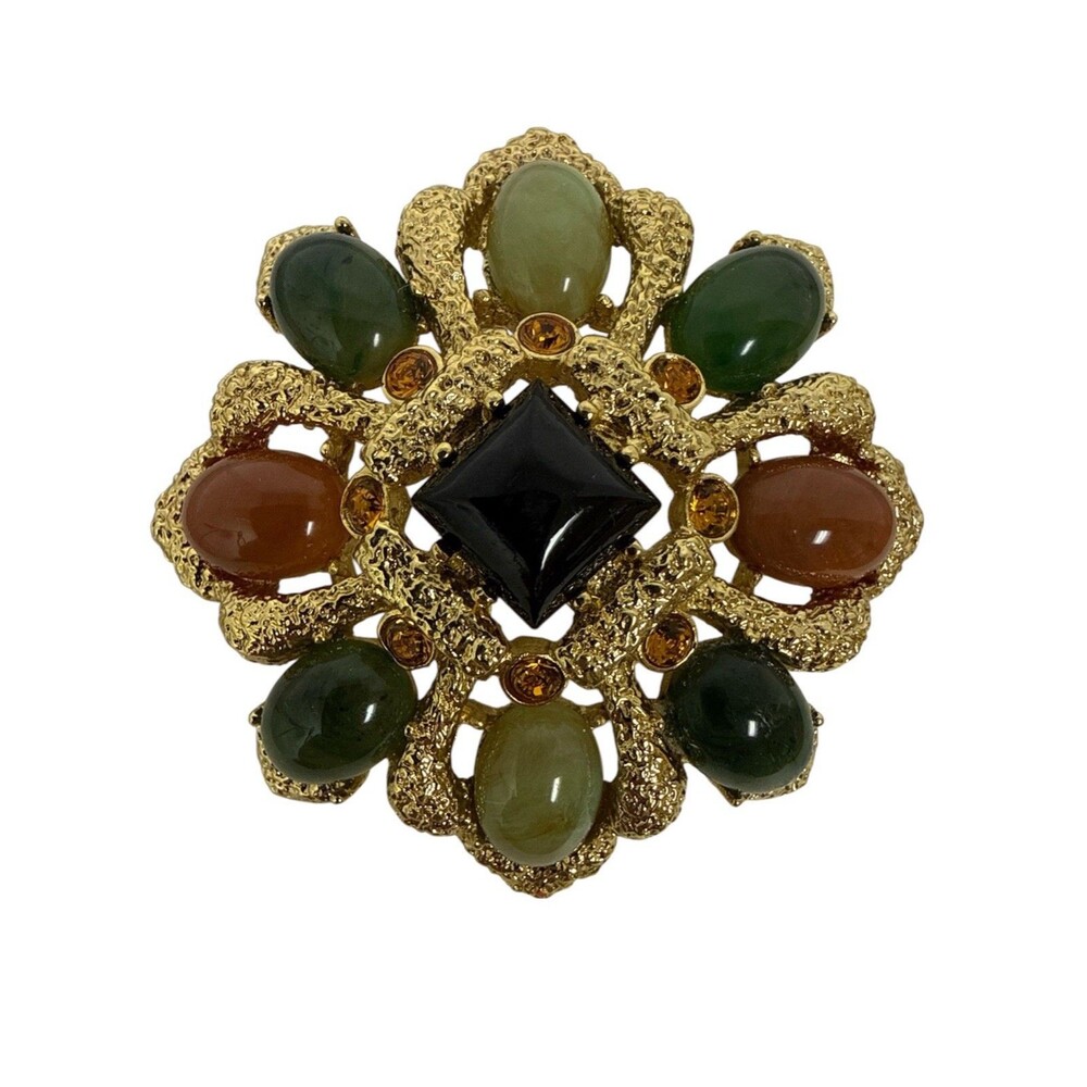 Joan Rivers Gold Tone Multicolor Cabochon Statement Brooch Mogul Maltese Cross